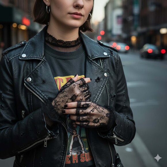 Fingerless Black Lace Gloves Womens One Size OS Wrist Length with Ruffle - Picture 5 of 9